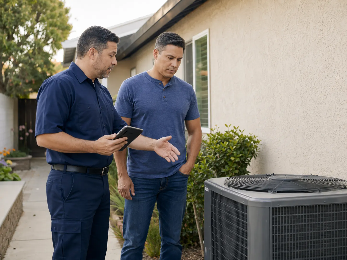 An Osinaga Air Systems technician providing honest recommendations and explaining AC repair options to a homeowner on a tablet next to an outdoor air conditioning unit.