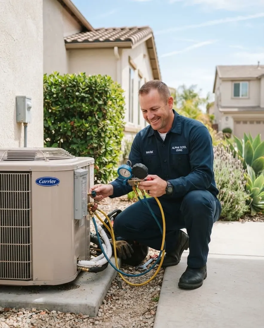 Expert Osinaga Air Systems technician providing professional air conditioning repair and maintenance for a home in the San Fernando Valley.